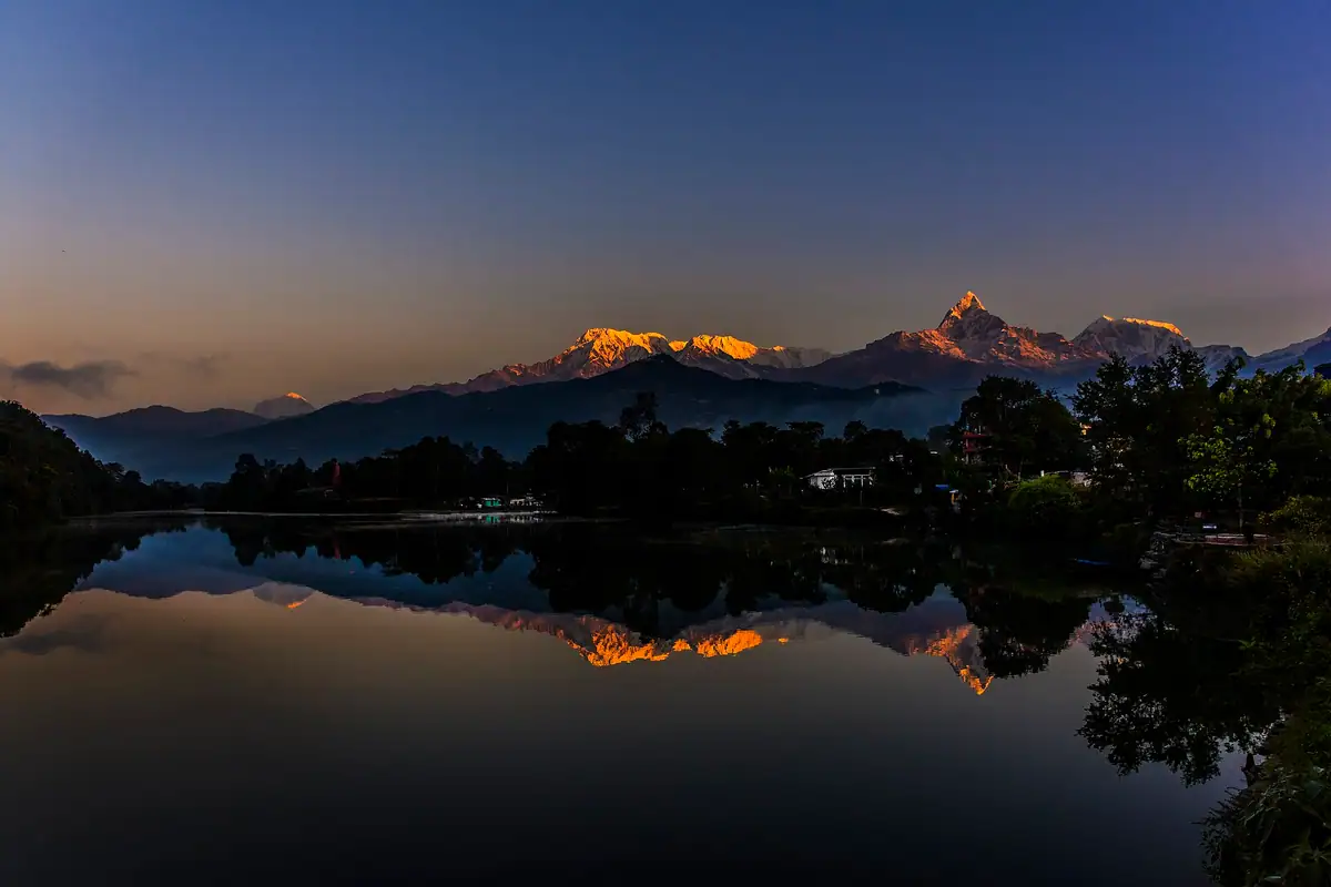Machhapuchhre catching the last light over Phewa Lake